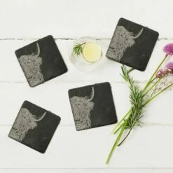 The Just Slate Company Set Of 4 Highland Cow Slate Coasters -HARTS OF STUR Sales JSCS4HC Just Slate Company Highland Cow Slate Coasters 2