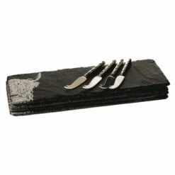 The Just Slate Company Set Of 4 Highland Cow Mini Slate Cheese Board & Knife Sets -HARTS OF STUR Sales JSMCBSHC Just Slate Company Highland Cow Cheese Board Knife Set 1