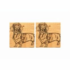 The Just Slate Company Set Of 2 Dachshund Oak Coasters