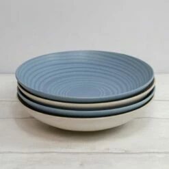 KitchenCraft Blue And Cream Ripple 22cm Stoneware Coupe Bowl Set Of 4 -HARTS OF STUR Sales KCBOWL22PK4BLU KitchenCraft Stoneware Coupe 22cm Bowl Set of 4 Blue 2