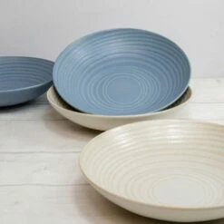 KitchenCraft Blue And Cream Ripple 22cm Stoneware Coupe Bowl Set Of 4 -HARTS OF STUR Sales KCBOWL22PK4BLU KitchenCraft Stoneware Coupe 22cm Bowl Set of 4 Blue 4