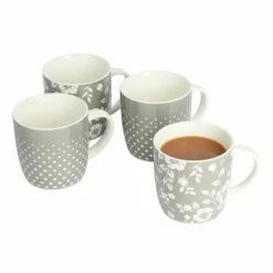 KitchenCraft Barrel Mug Set Of 4 Grey Dot Floral -HARTS OF STUR Sales KCMBARGRY4PC Kitchen Craft Barrel Mug Set Of 4 Grey Dot Floral 1