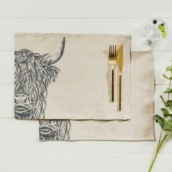 The Just Slate Company Set Of 2 Highland Cow Linen Placemats -HARTS OF STUR Sales LTTM2HC Just Slate Company Highland Cow Linen Place Mats 2