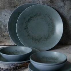 Mikasa Reactive Blue 12 Piece Stoneware Dinnerware Set -HARTS OF STUR Sales MKRB12PC Mikasa Reactive Blue Twelve Piece Stoneware Dinnerware Set Gift Set 1