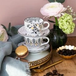 Sara Miller Artisanne Noir Set Of 2 Espresso Cups & Saucers -HARTS OF STUR Sales SMN79426XD Sara Miller Artisanne Noir Espresso Cup and Saucer Set of 2 5